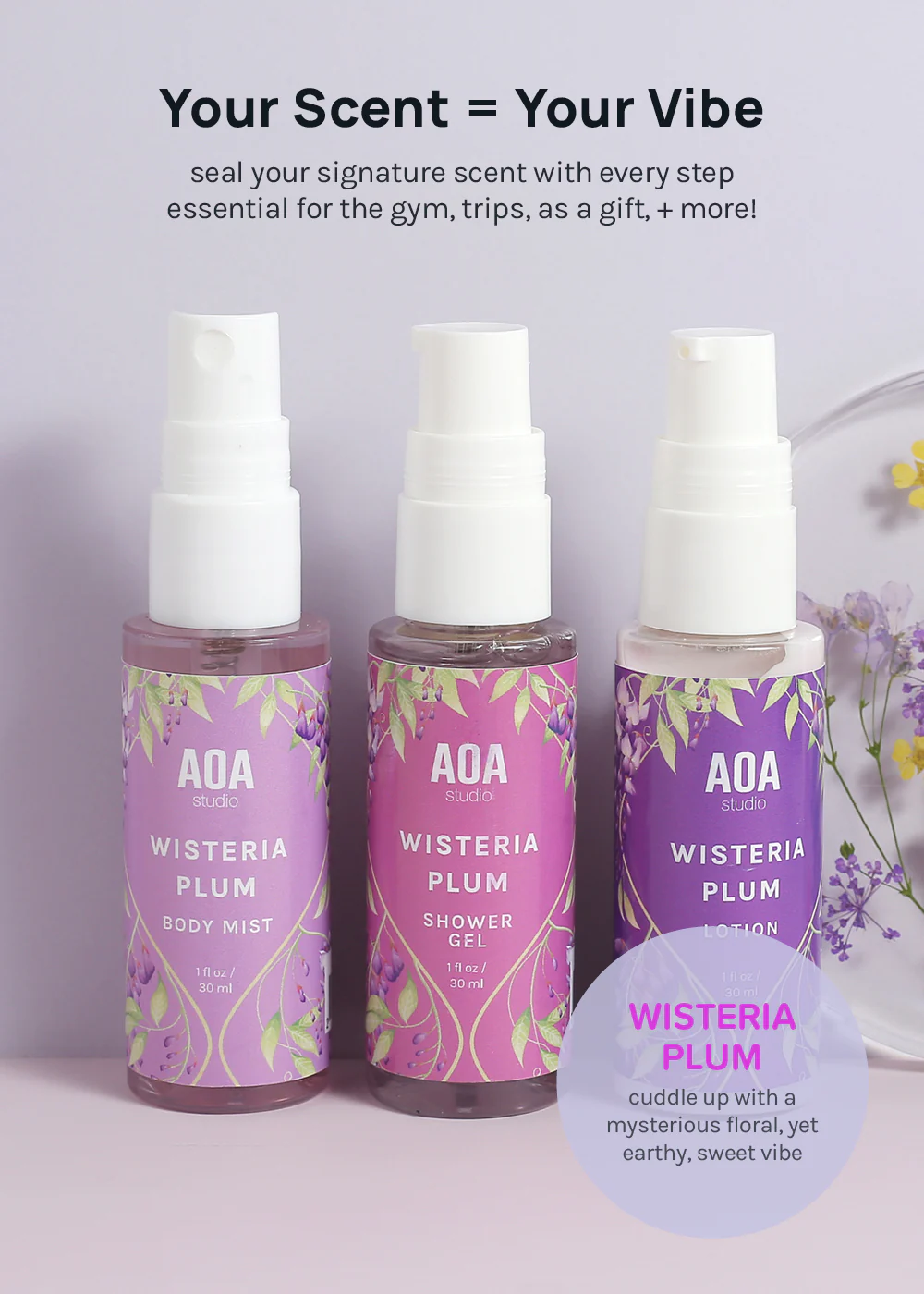 AOA Lotion, Shower Gel & Body Mist - Wisteria Plum - Image 2