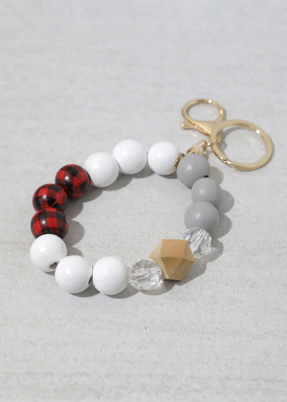 Plaid-Wood Bead Keychain Bracelet - Image 3